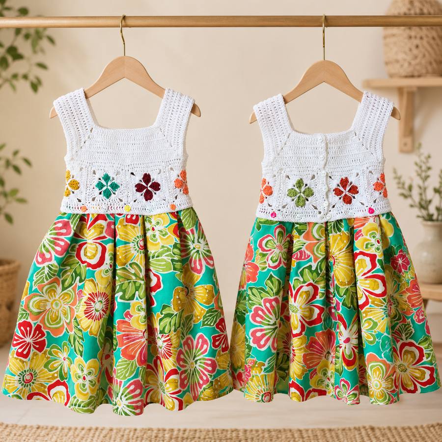 White Crochet Granny Square Floral Dress