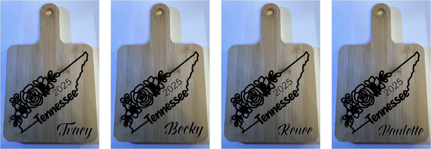Personalized laser-engraved cutting boards with names and Tennessee state design